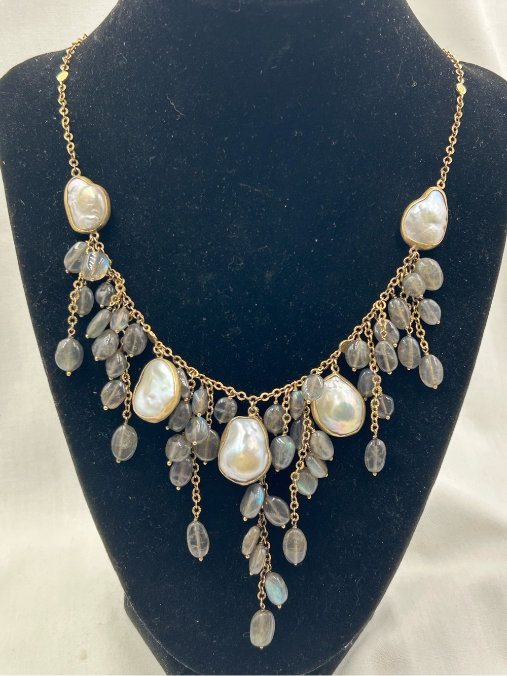 Ross Simons Gold Tone Baroque
Station Mobe Pearl and Labradorite
Necklace
